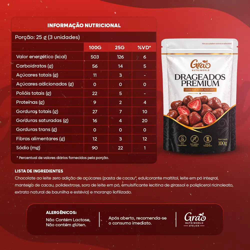 Informação nutricional - Morango com chocolate ao leite