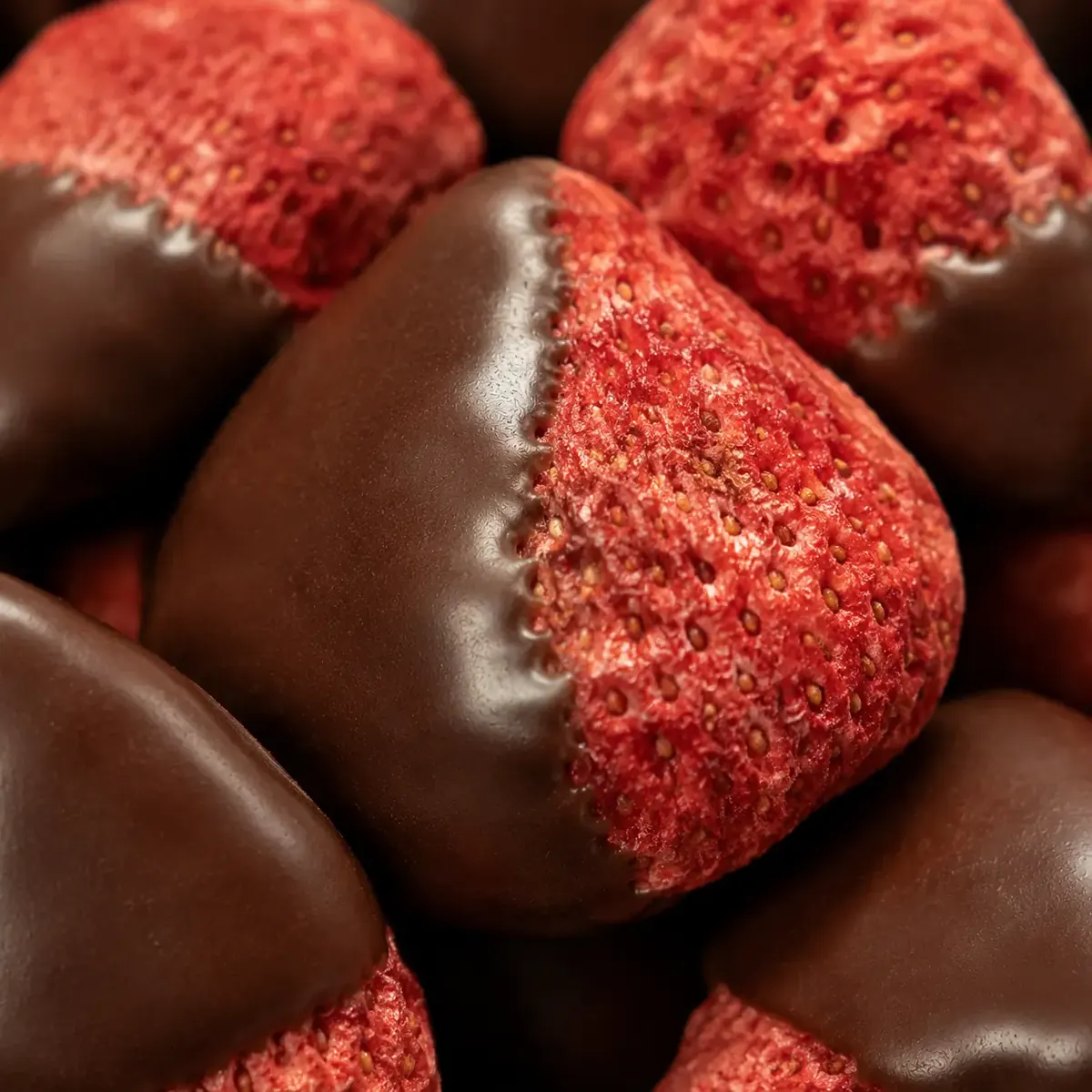 Close-up do morango liofilizado drageado com chocolate ao leite